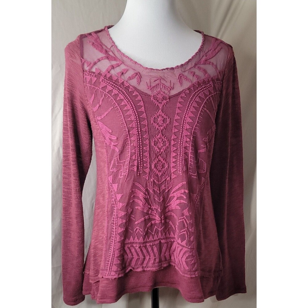 Xhilaration Boho Embroidered Mesh Top Womens L Long Sleeve Peasant Light Airy